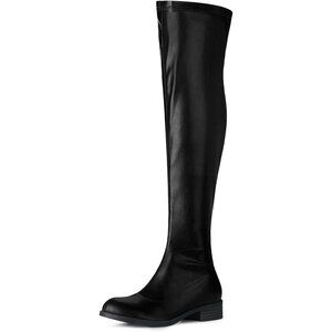 Women's Black Faux Leather Thigh High Low Block Heel Fashion Over the Knee Boots